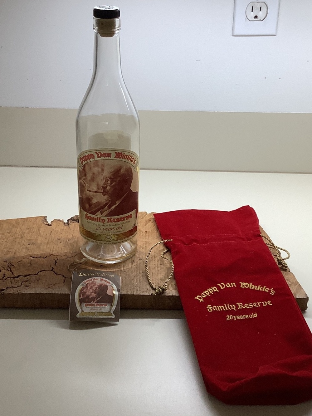 Pappy Van Winkle 20 year old Bourbon empty bottle (unrinsed) with bag and tag